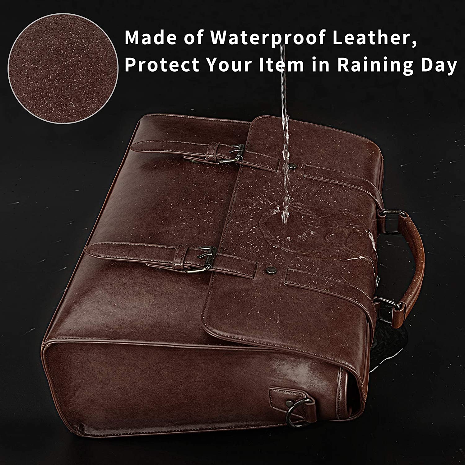 Leather Mens Messenger Bag Vintage 15.6 Inch Waterproof Leather Laptop Briefcase Large Satchel Shoulder Bag Retro Office College Computer Laptop Bag, Brown - Image 2